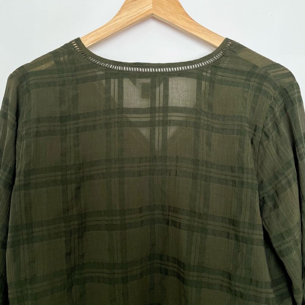 Express V-Neck Blouse Sheer Long Sleeve Relaxed Fit Officewear Size Medium Olive - Picture 7 of 15